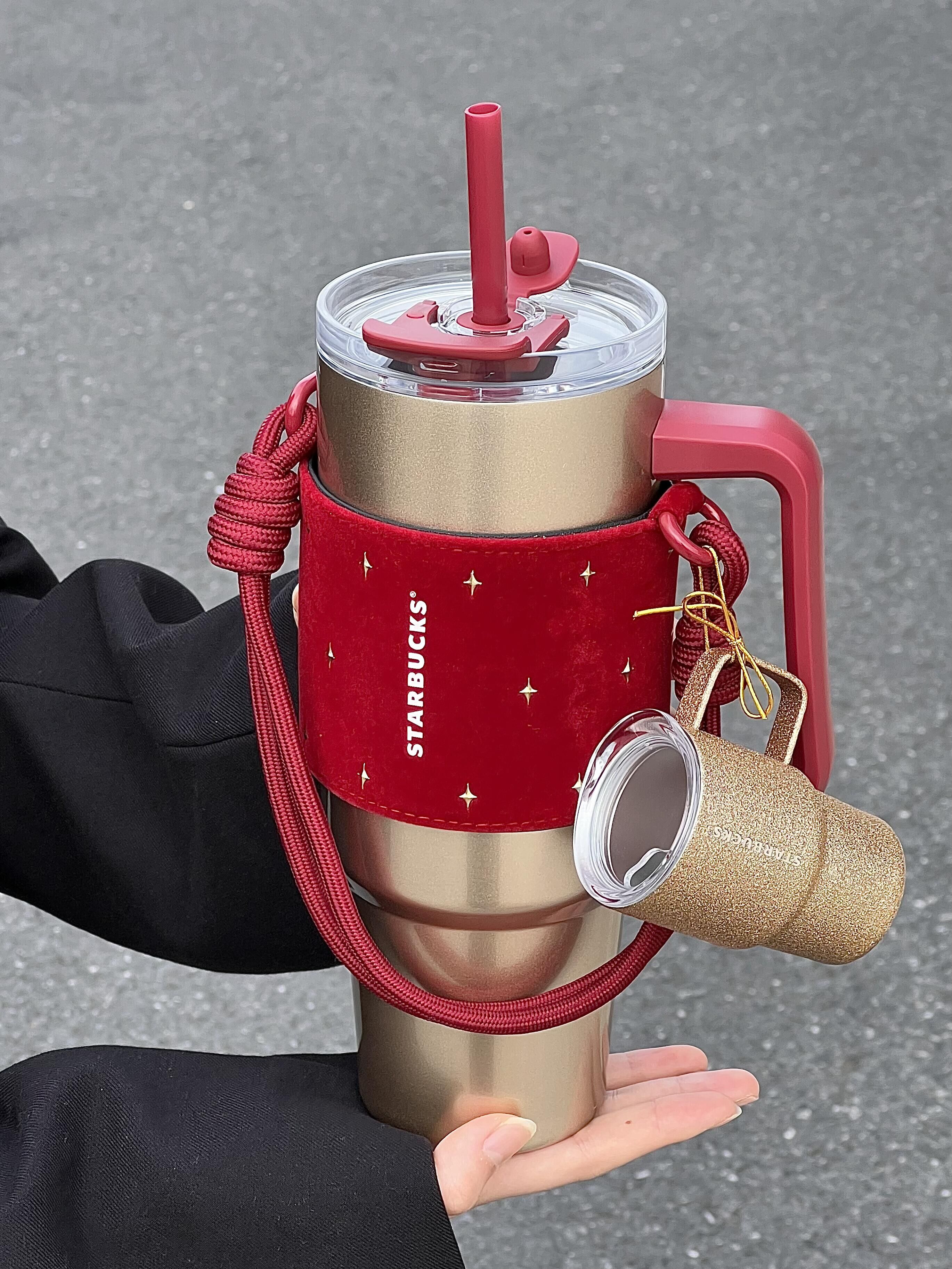 STARBUCKS 星巴克 聖誕節限定 紅金色 暖意融融 雙飲口不銹鋼杯 附杯套 大容量 保溫杯 900ml /預購