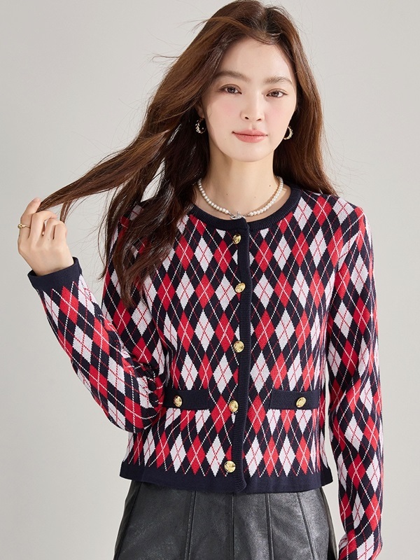菱格紋羊毛針織上衣外套 紅黑