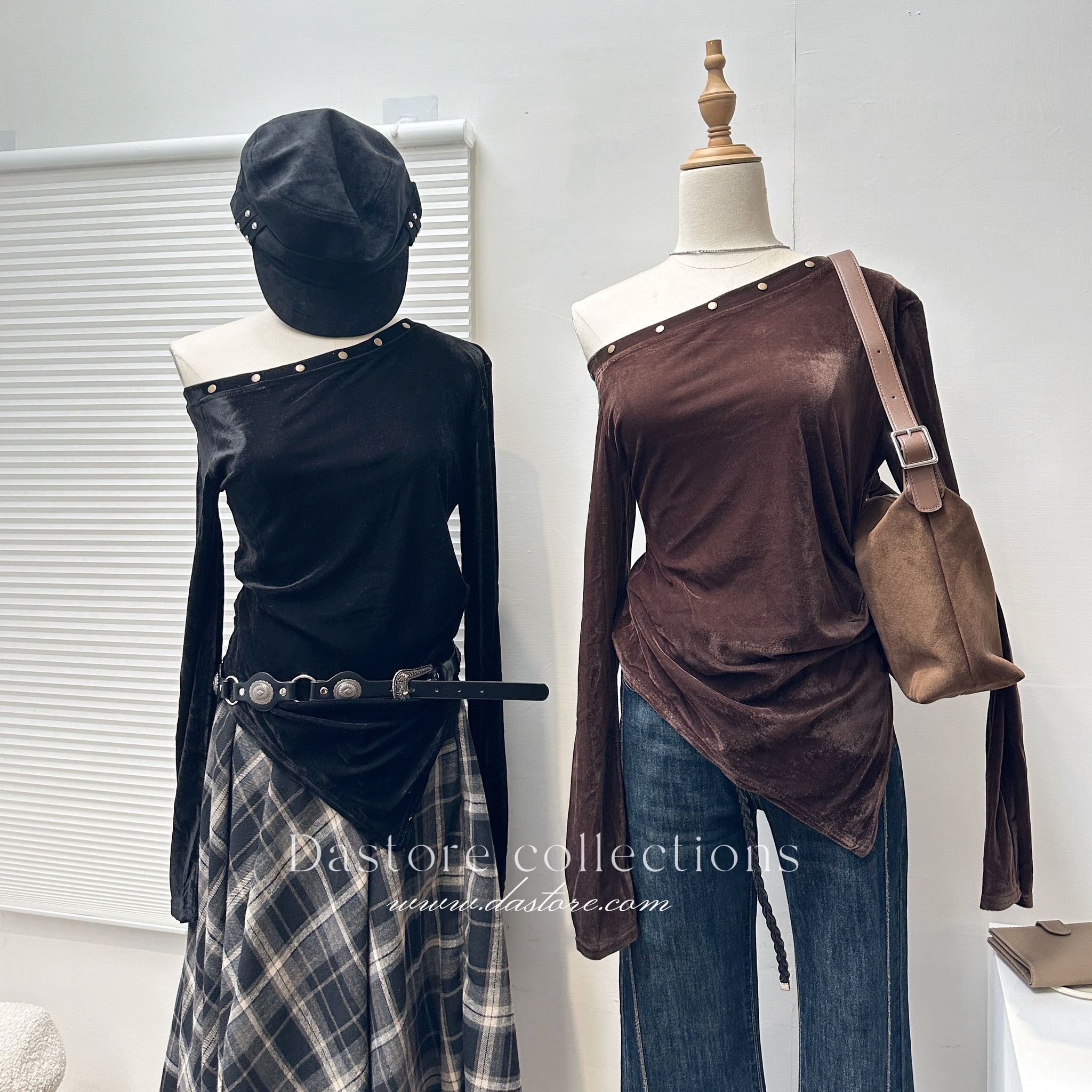 卯釘斜肩一字領絲絨上衣/二色