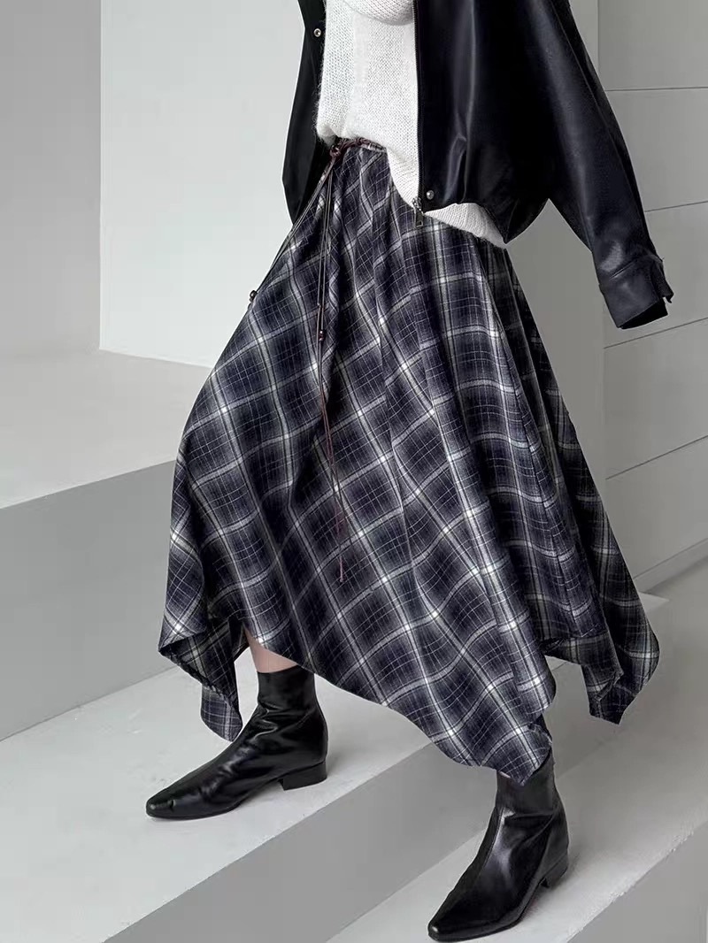 不規則毛呢格紋長裙/二色