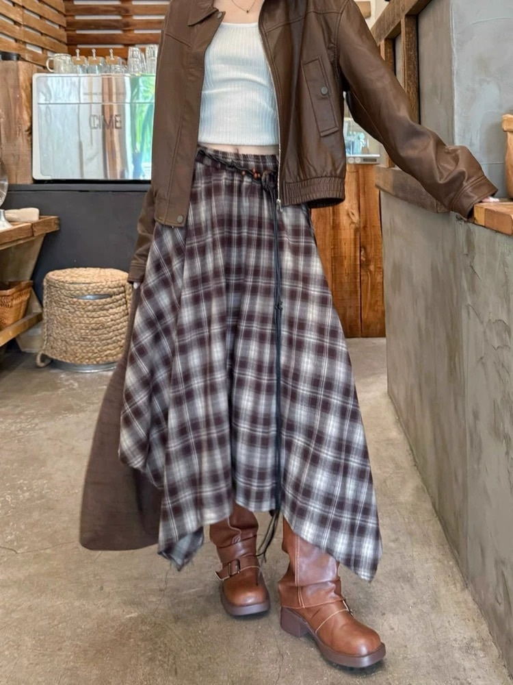 不規則毛呢格紋長裙/二色