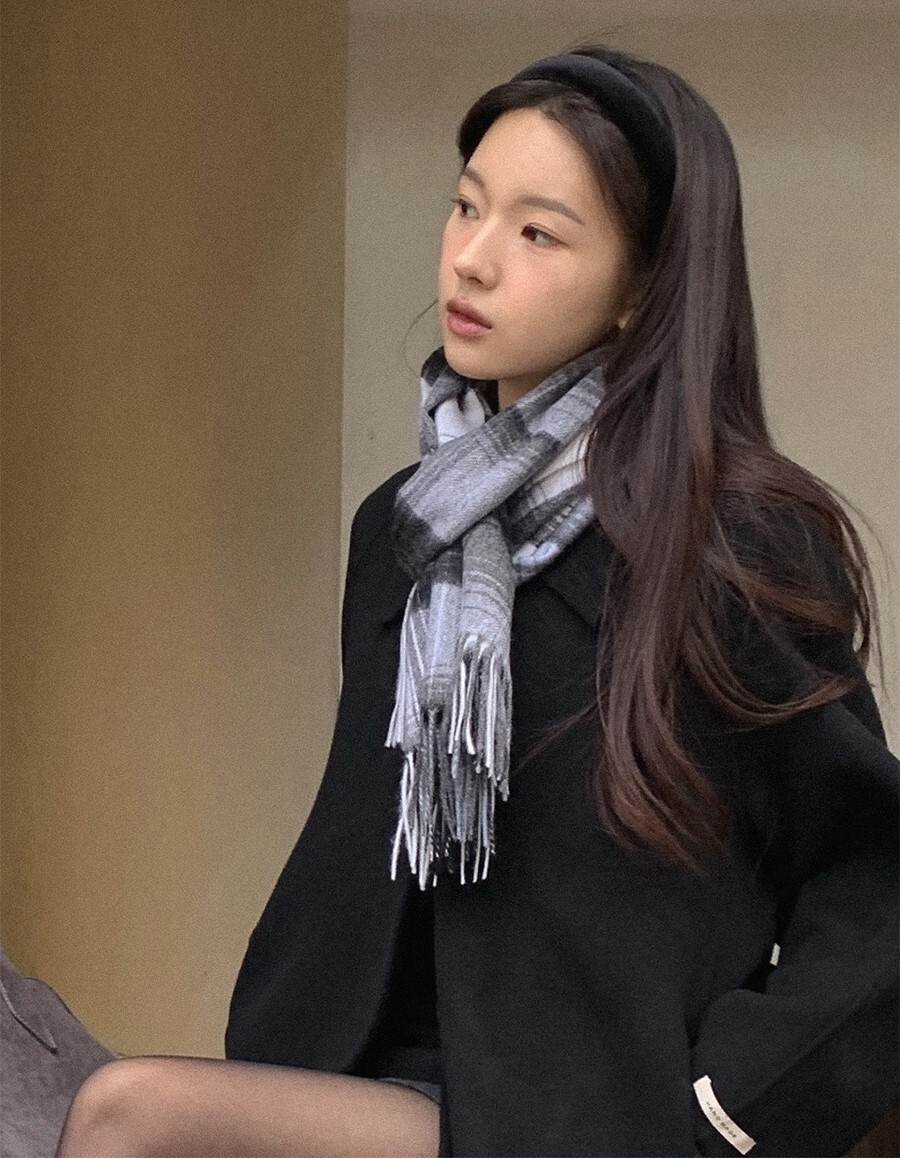 韓國Cherrykoko授權 柔和漸變色格紋流蘇羊毛圍巾