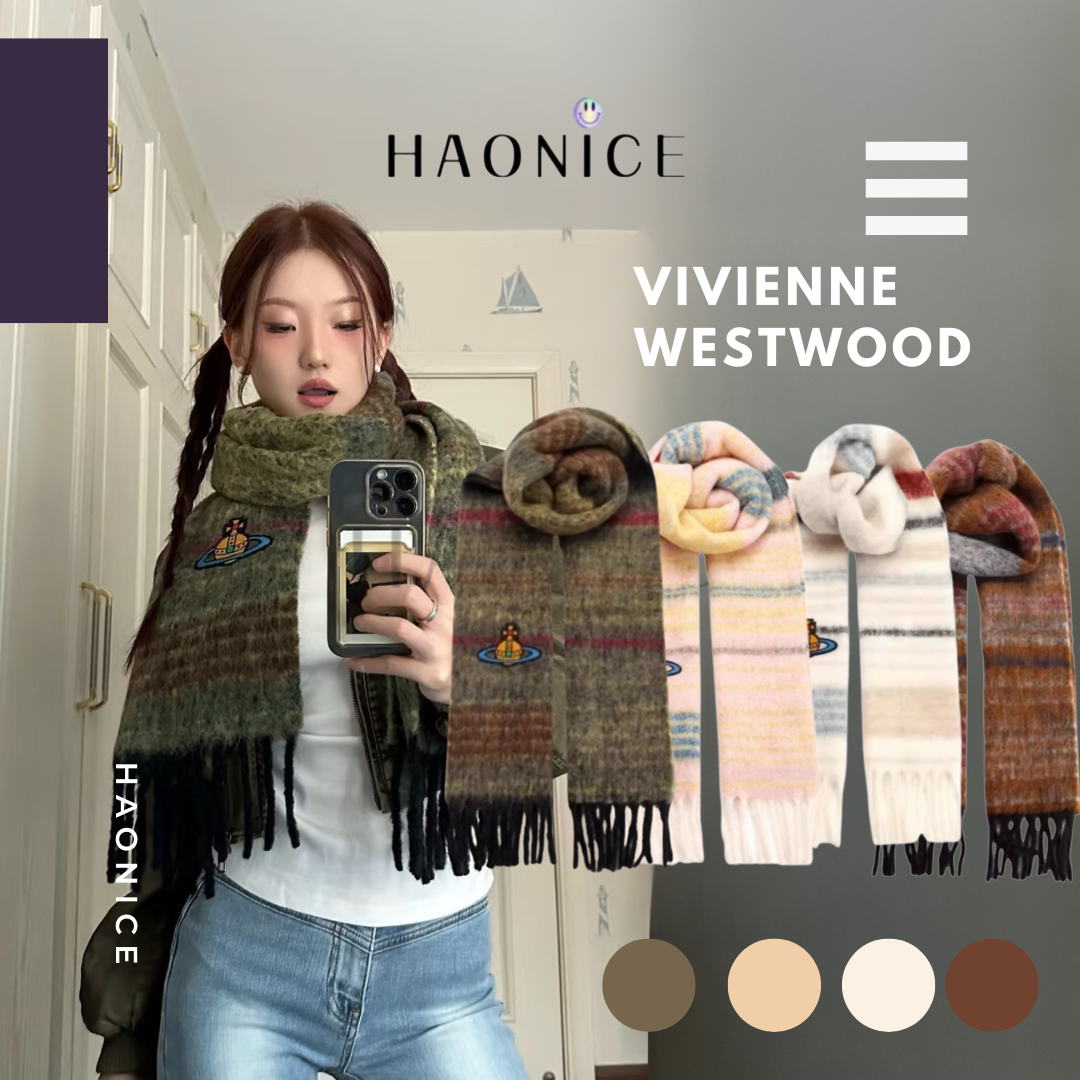 【HAO NICE 】英國🇬🇧潮流 Vivienne westwood 西太后 25FW 秋冬新款圍巾 土星刺繡馬海毛 條紋漸變色披肩流蘇圍巾 高級感十足