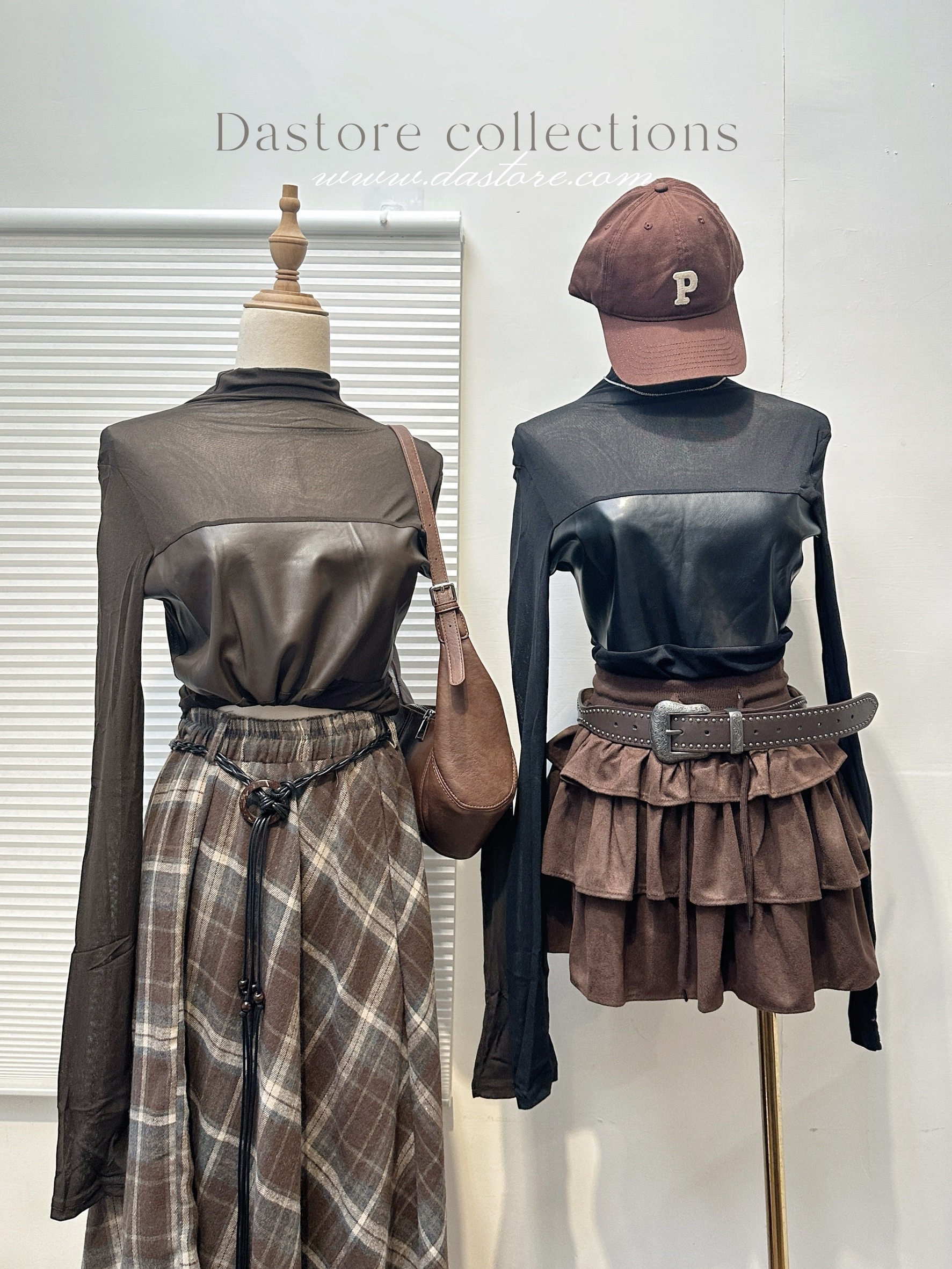 半高領拼接皮革網紗打底衣/二色