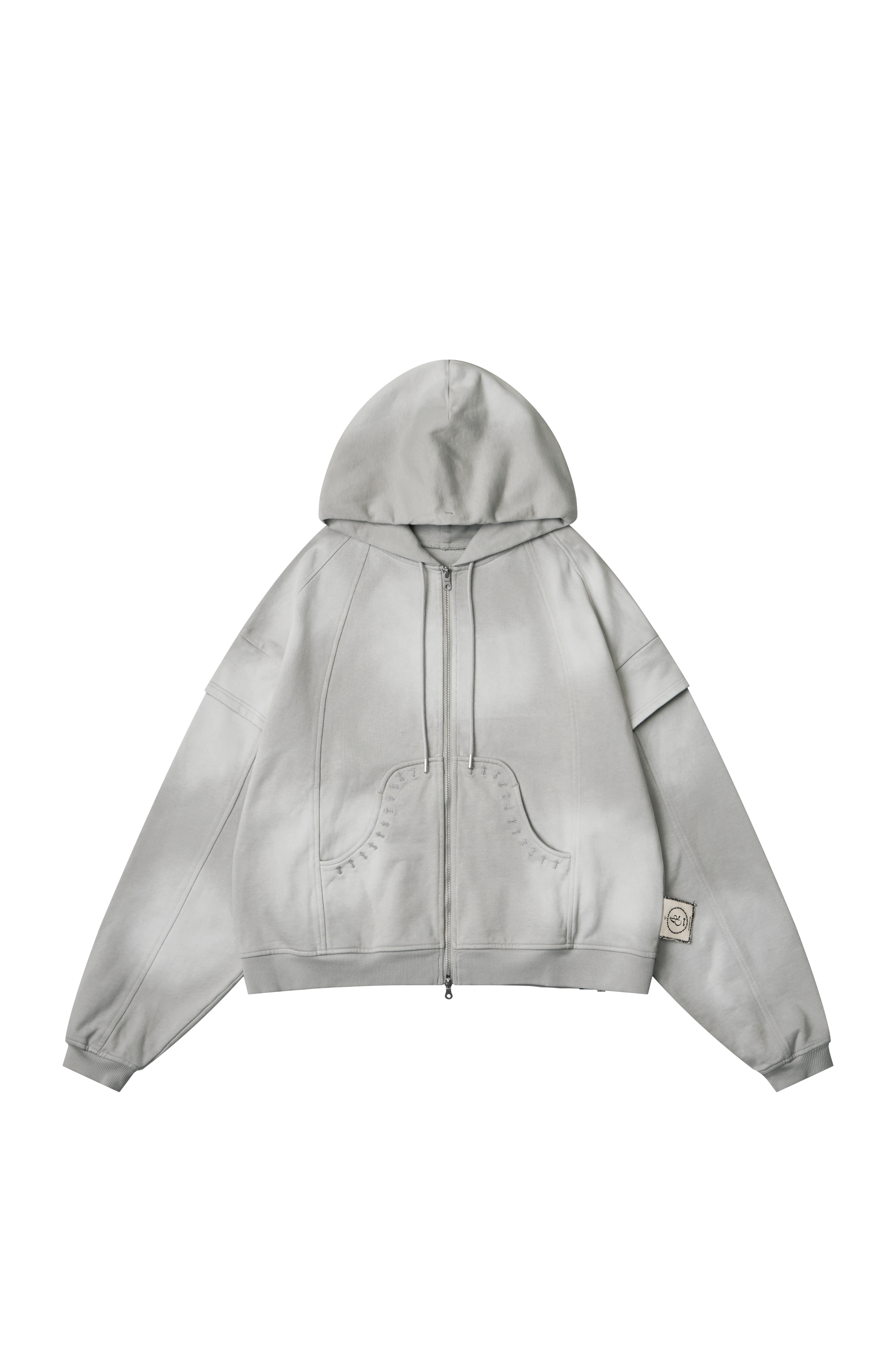 LAYERED SPLICING ZIP-UP HOODIE - GREY