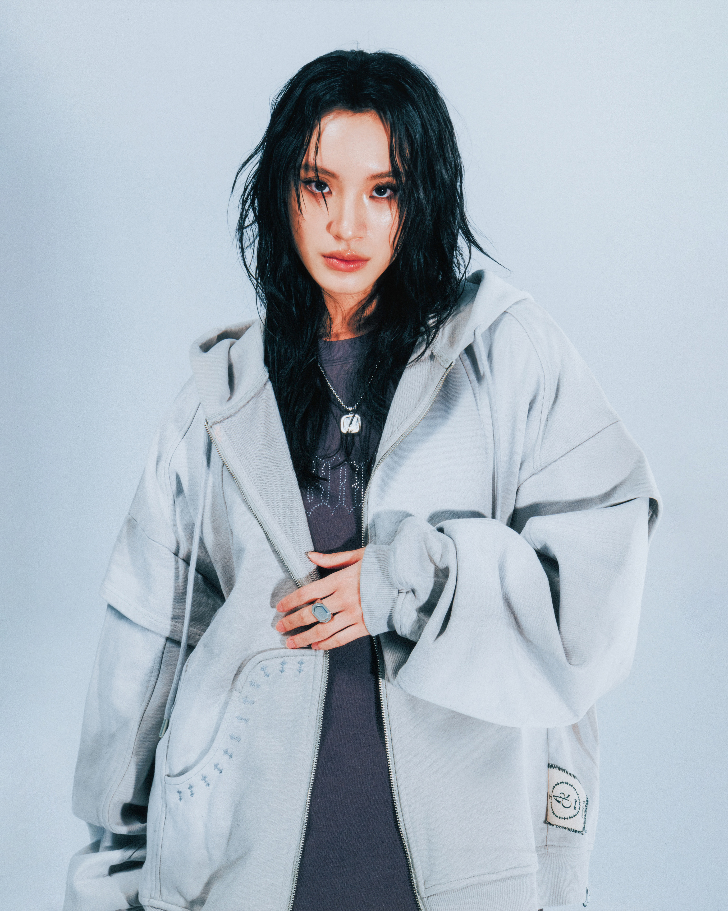 LAYERED SPLICING ZIP-UP HOODIE - GREY