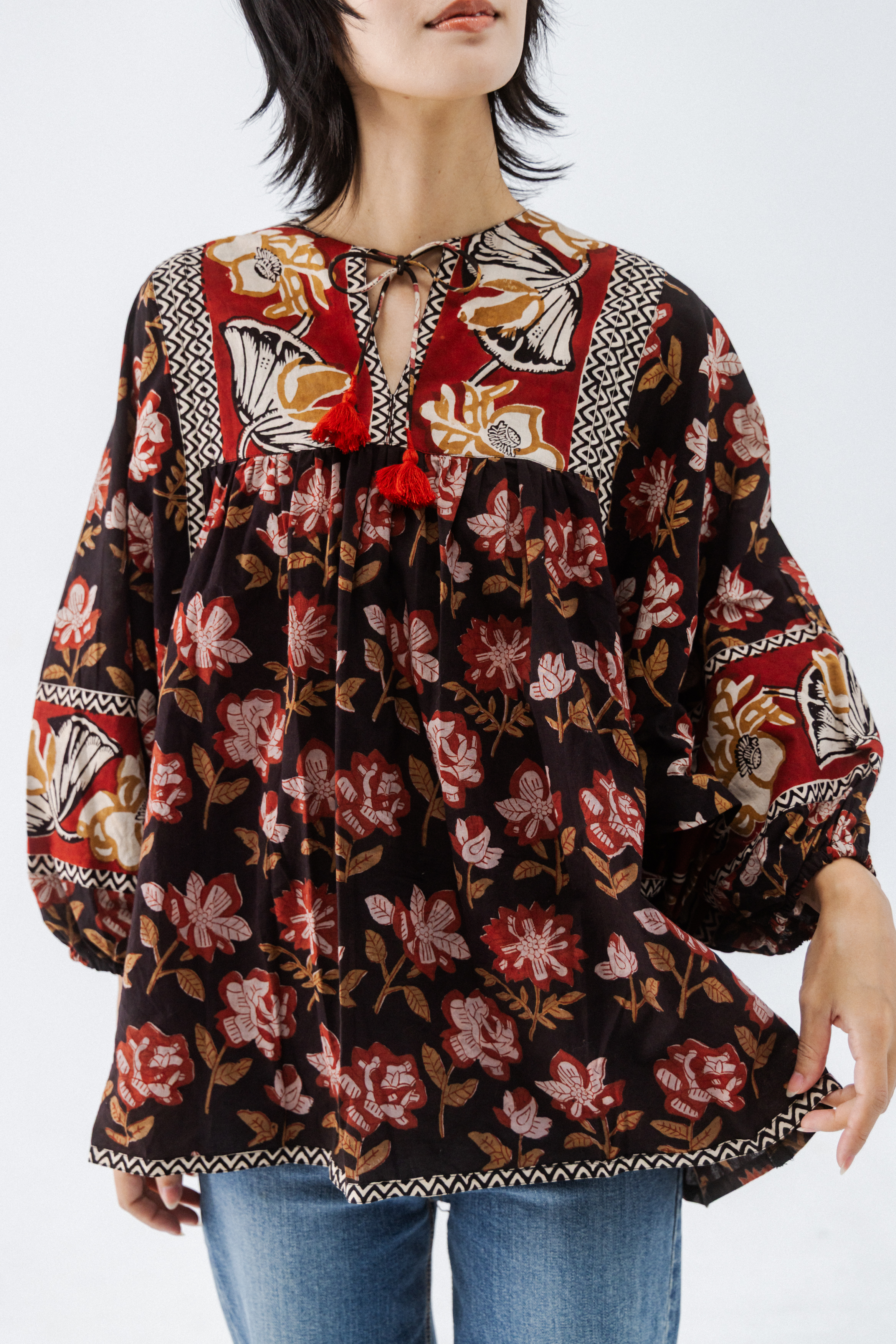 大袖綁帶長袖上衣_黑花