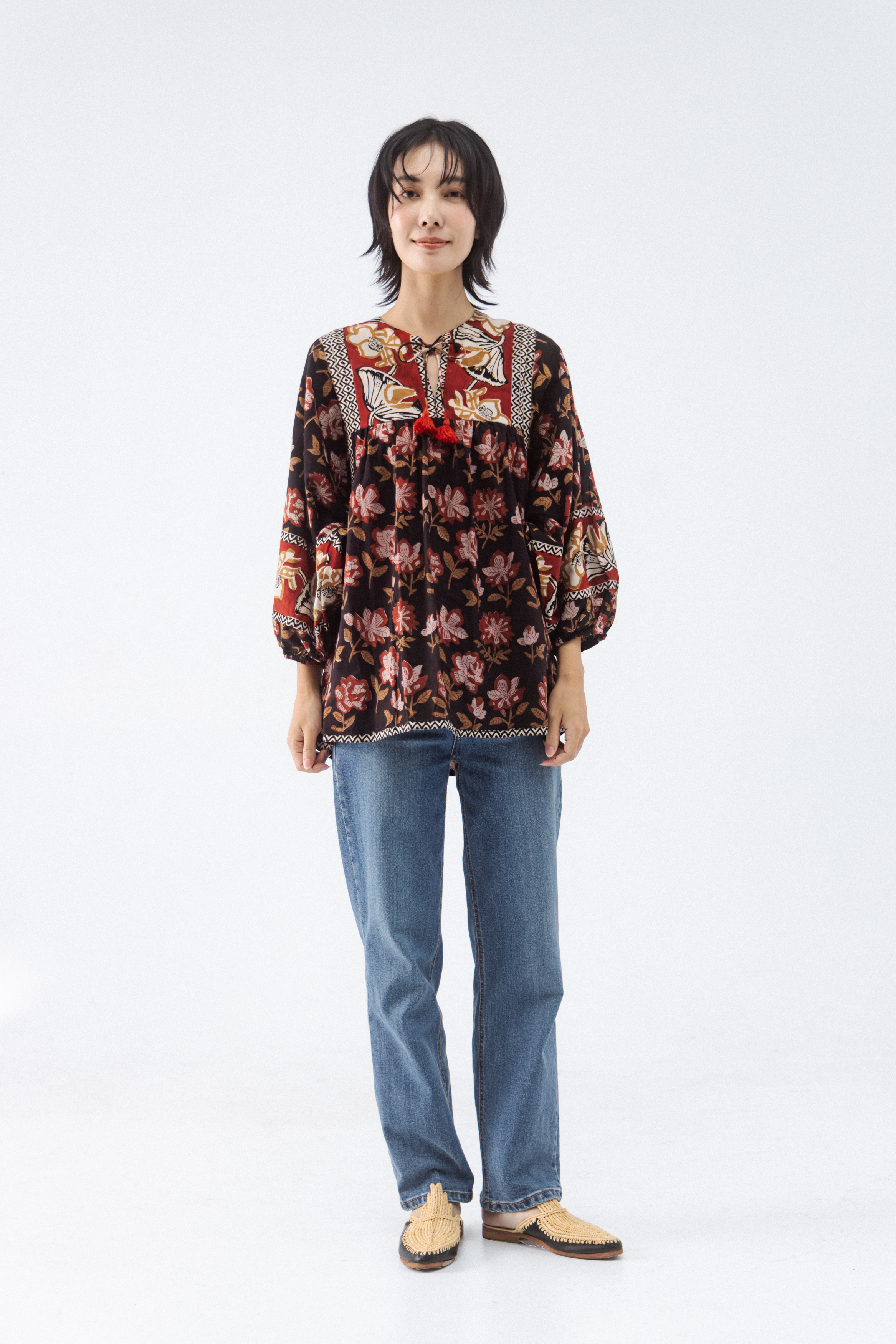 大袖綁帶長袖上衣_黑花