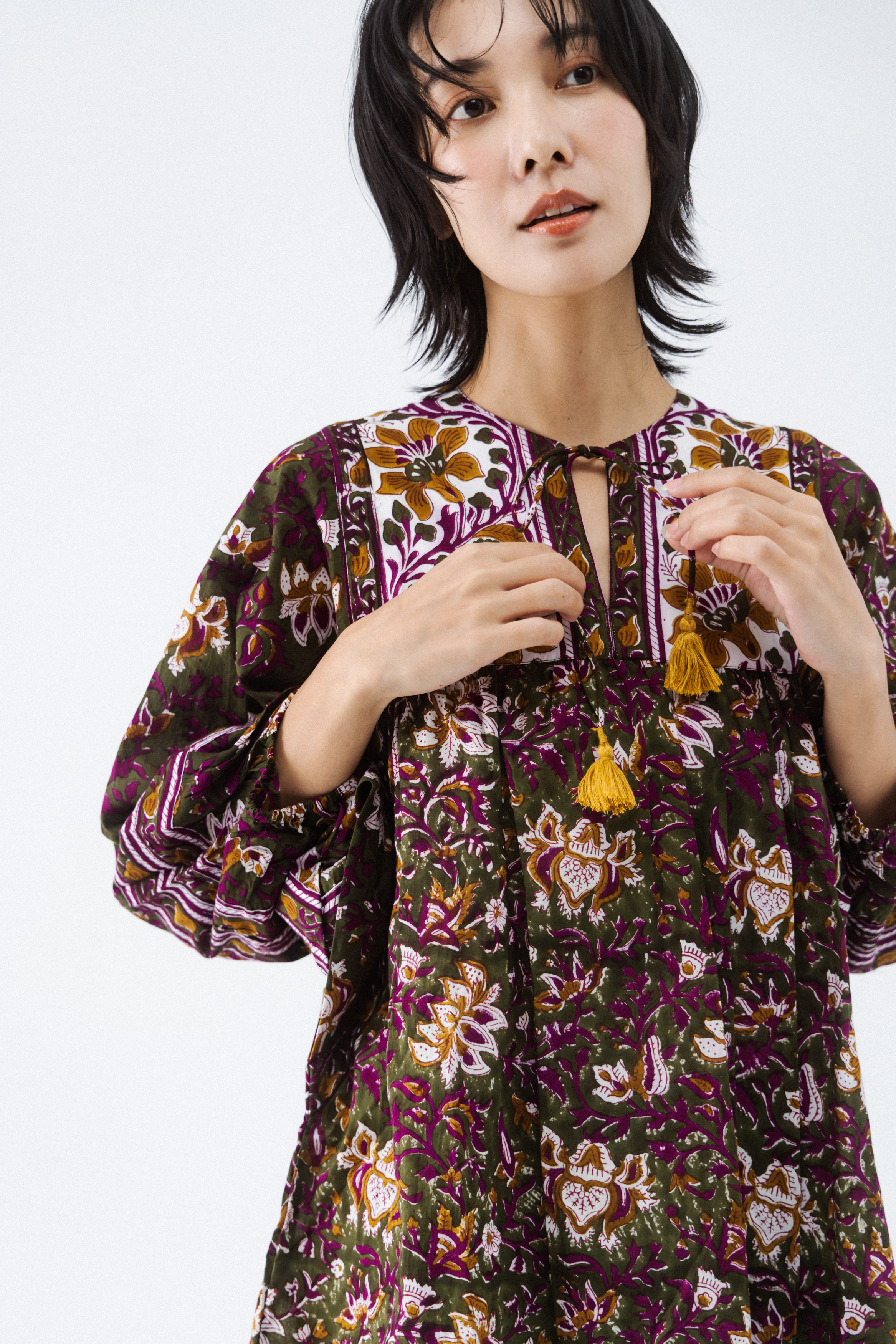 大袖綁帶長袖上衣_秋綠