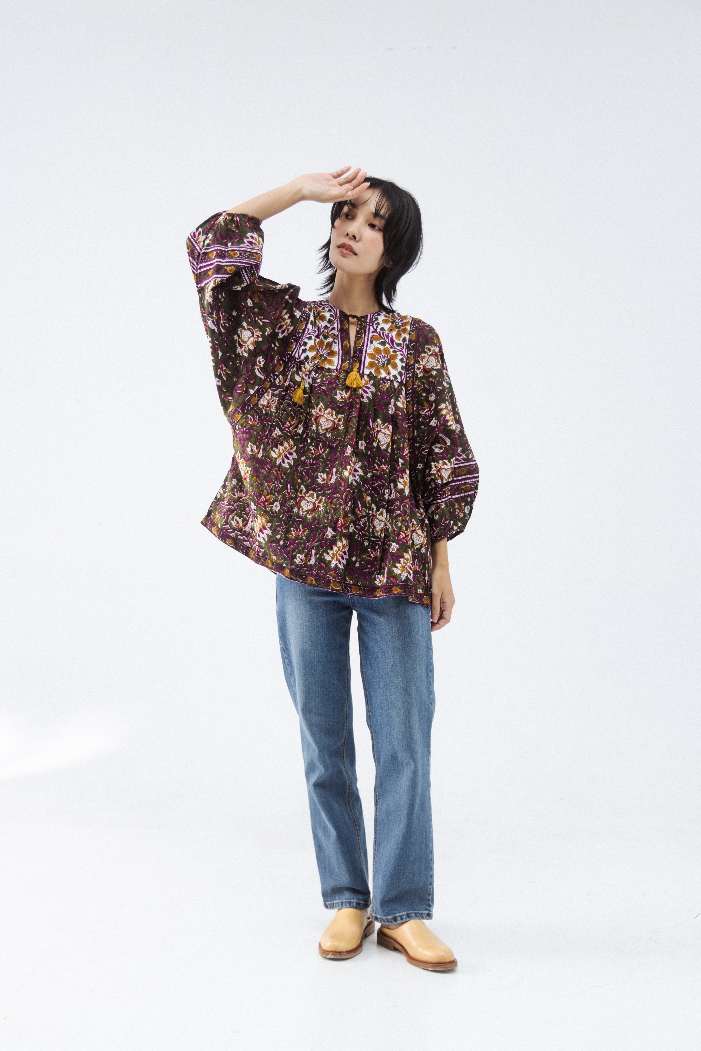 大袖綁帶長袖上衣_秋綠