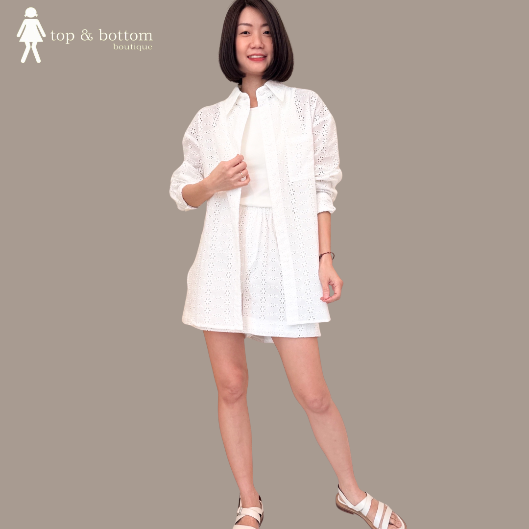 LONG SLEEVE COTTON LACE SHIRT & SHORT SET SUIT (2PCS)
