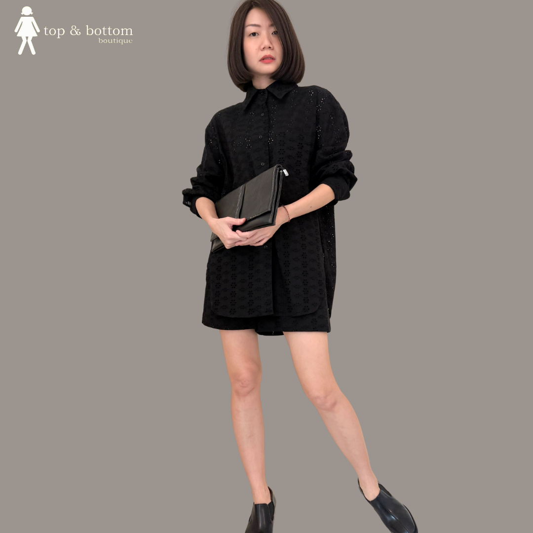 LONG SLEEVE COTTON LACE SHIRT & SHORT SET SUIT (2PCS)