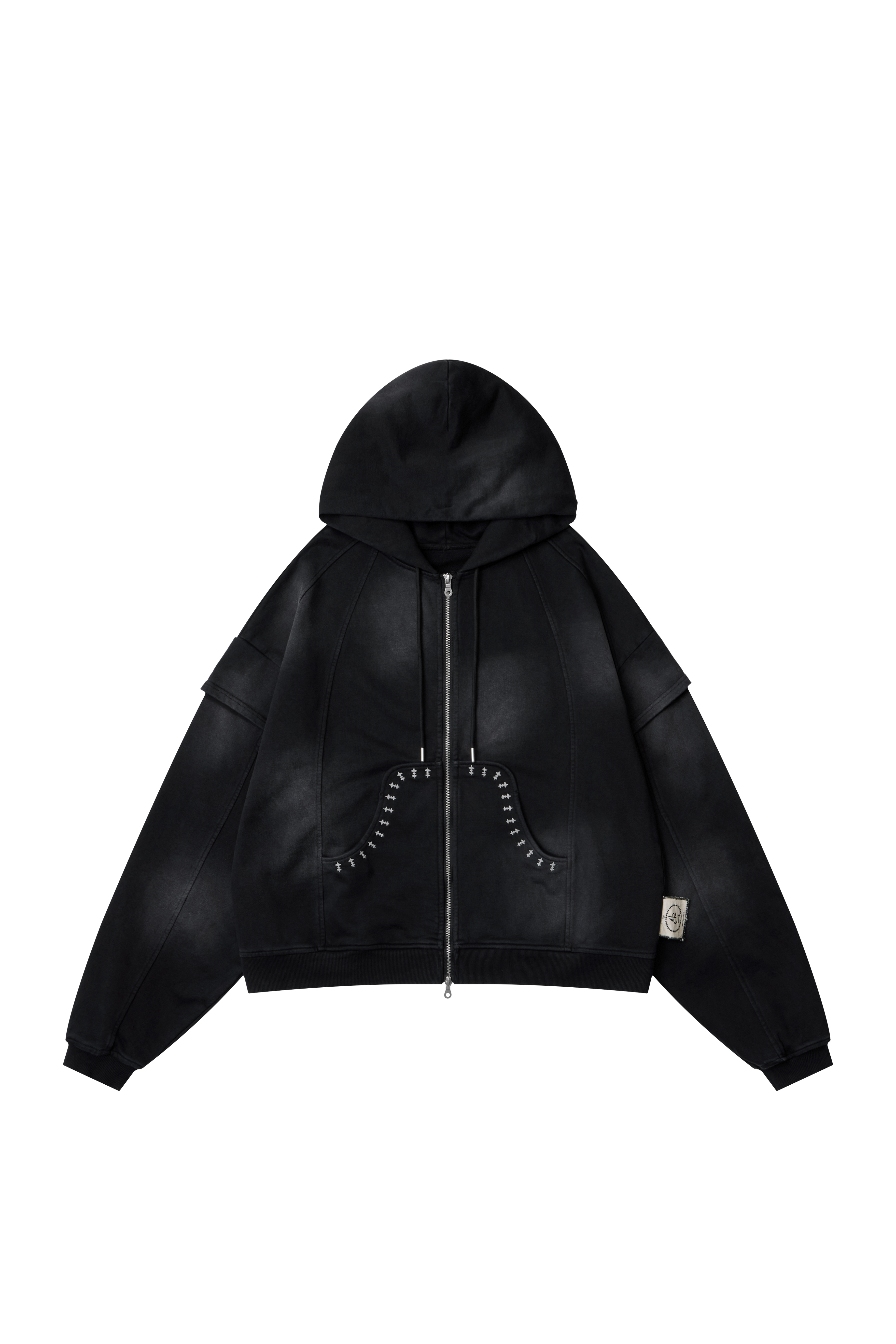 LAYERED SPLICING ZIP-UP HOODIE - BLACK