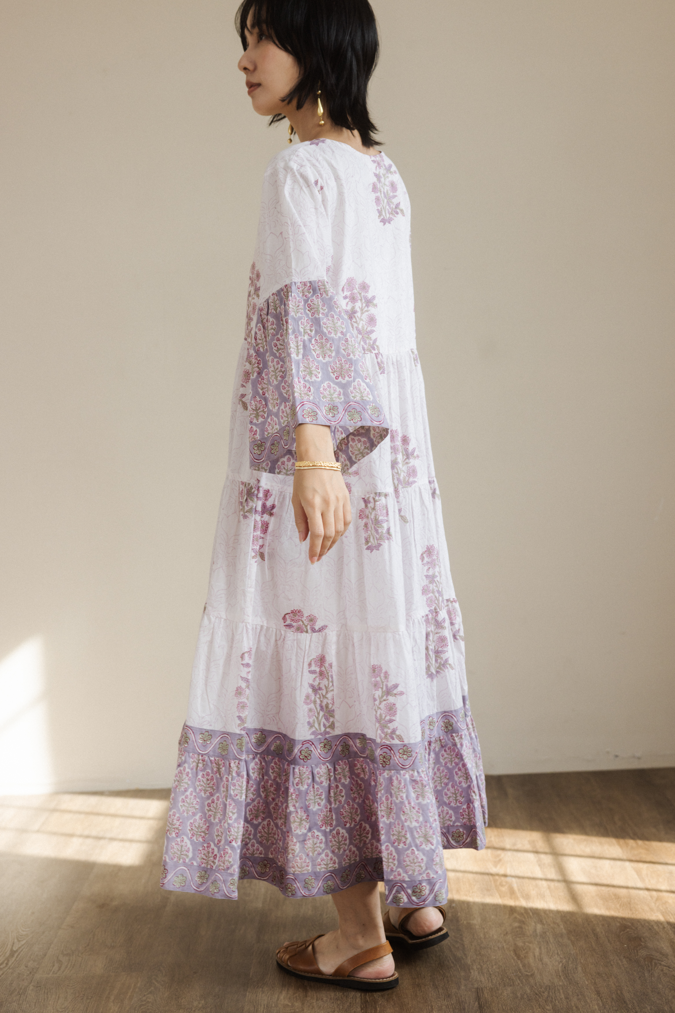 波希花花排扣洋裝_粉紫