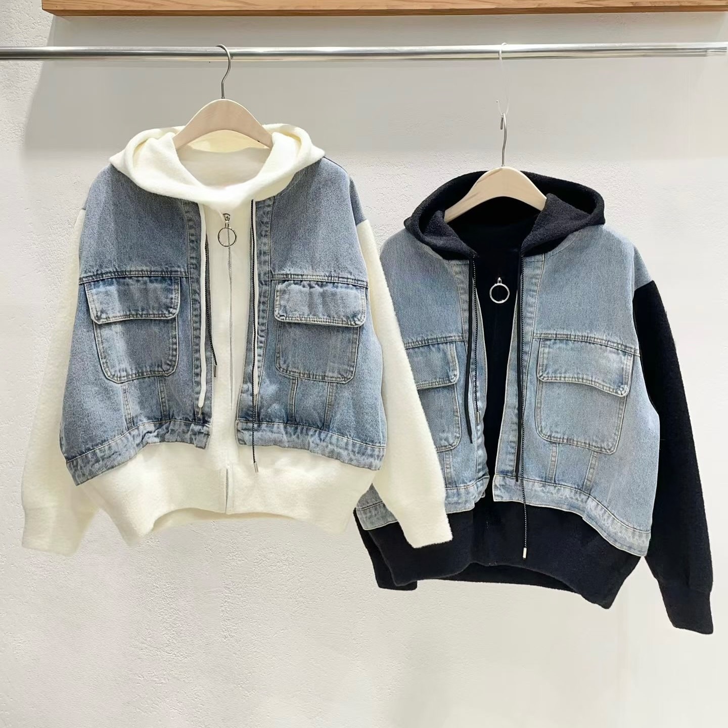 韓國 -牛仔拼棉有帽外套