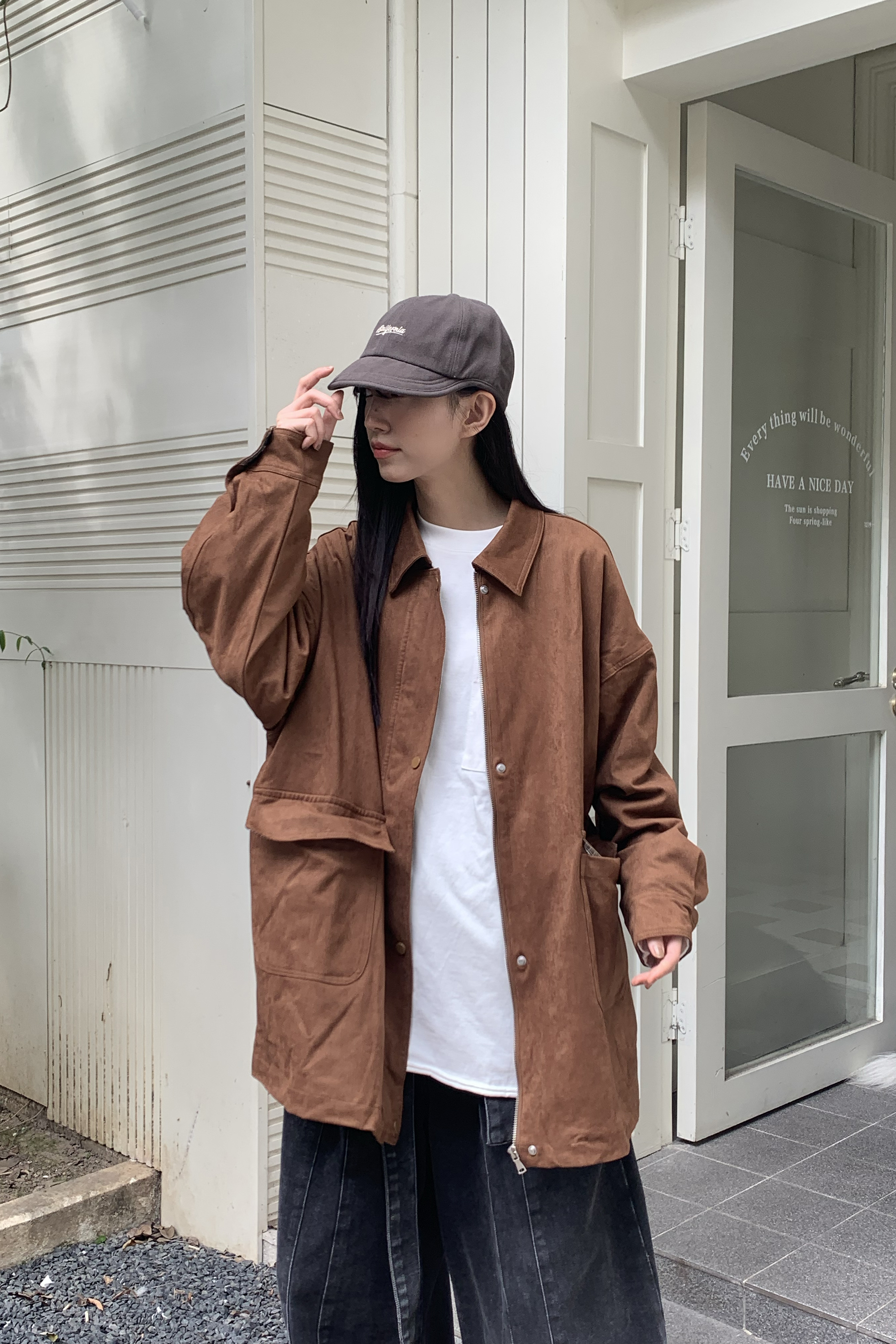 柔軟麂皮長版雙扣夾克 2色