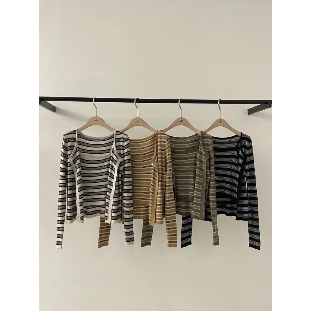 198 柔軟條紋針織外套+背心兩件組