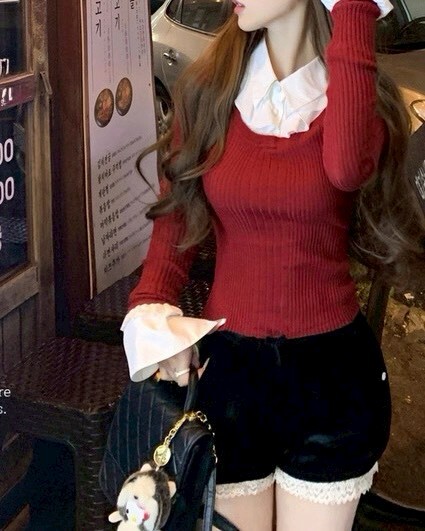 設計師家荷葉襯衫拼接針織上衣