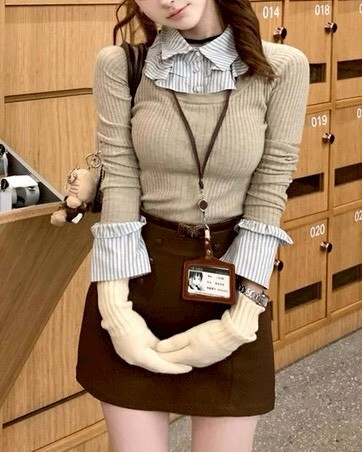 設計師家荷葉襯衫拼接針織上衣