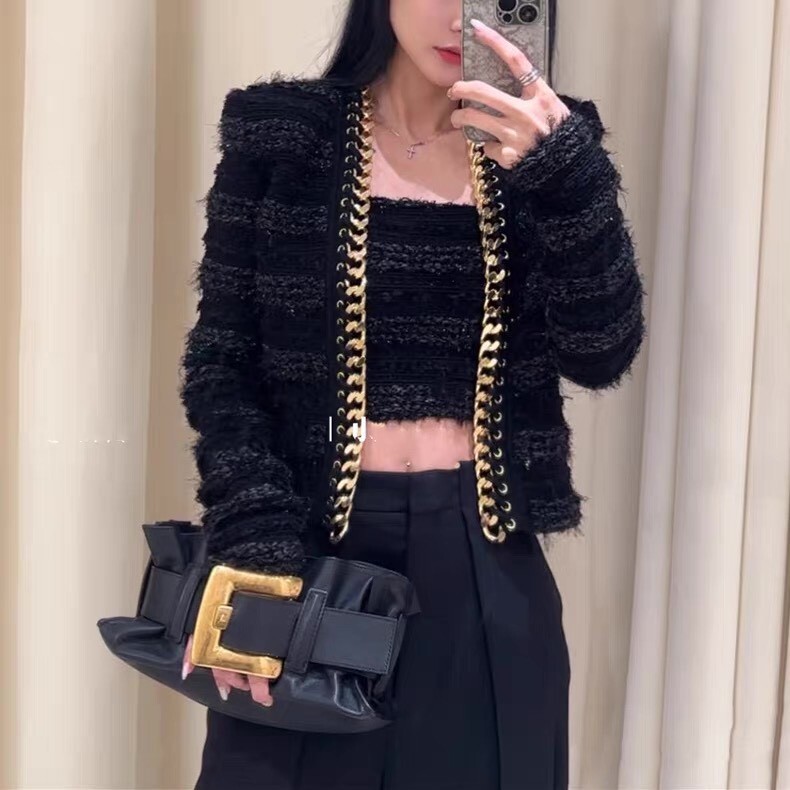 設計師家領邊重工鍊條毛毛針織外套