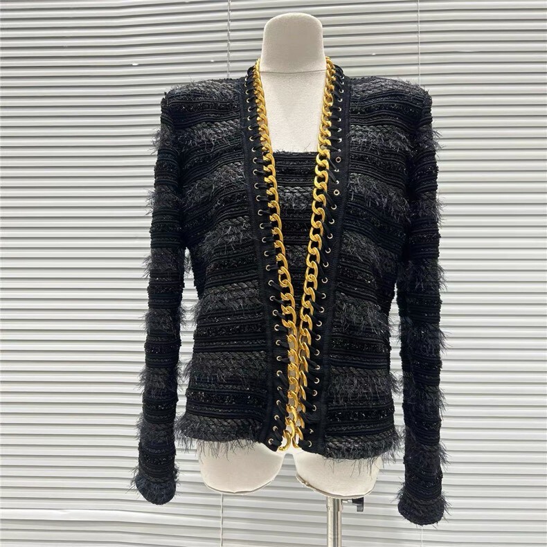 設計師家領邊重工鍊條毛毛針織外套