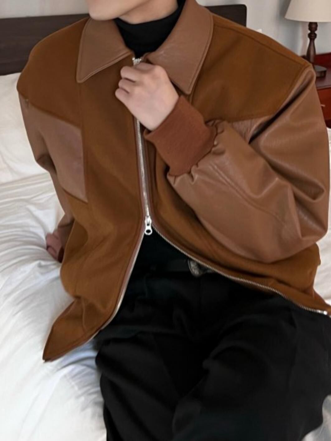 反領拼布拉鍊合成皮褸 D.B.Y.M-077JK