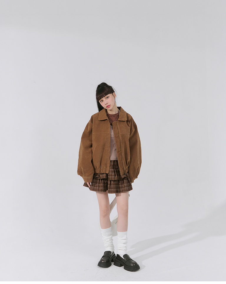 Suede lapel zip-up cropped jacket, available in two colors【02071682】in stock+pre-order