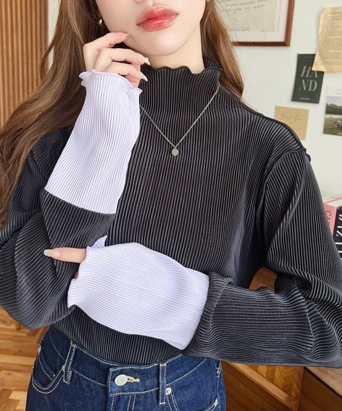 日本🇯🇵連線 Moment+ 緞面褶皺拼接高領套頭衫 撞色袖子設計 褶皺 霧面緞面 套頭衫 長袖 打底 內搭 5色(任買兩件711免運)/預購