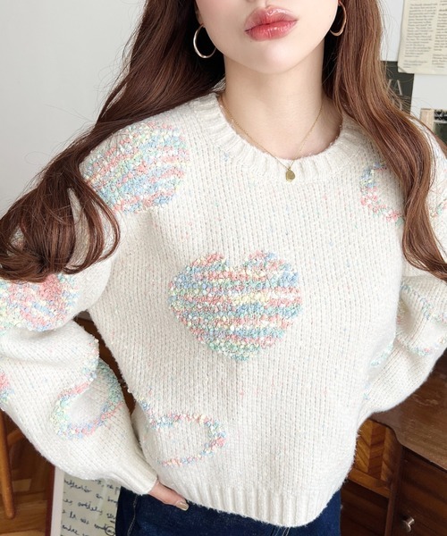 日本🇯🇵連線 Moment+ 繽紛愛心混色毛線套頭衫 提花 愛心 心型 針織 針織衫 套頭衫 長袖 3色(任買兩件711免運)/預購