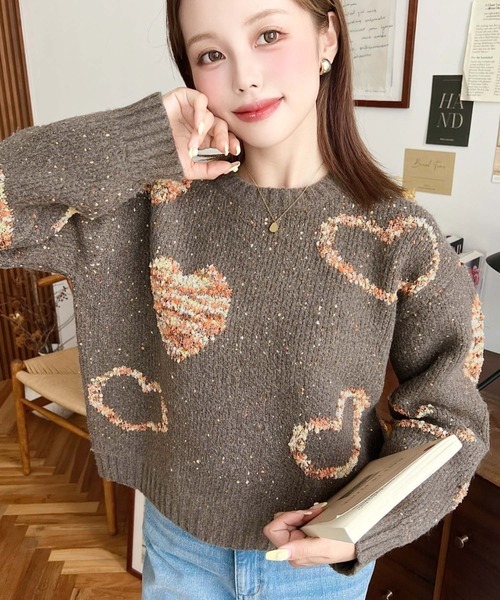 日本🇯🇵連線 Moment+ 繽紛愛心混色毛線套頭衫 提花 愛心 心型 針織 針織衫 套頭衫 長袖 3色(任買兩件711免運)/預購