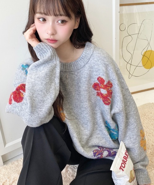 日本🇯🇵連線 Moment+ 混色繽紛花花針織套頭衫 提花 花朵 花卉 針織 針織衫 套頭衫 長袖 4色(任買兩件711免運)/預購