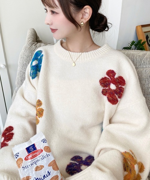 日本🇯🇵連線 Moment+ 混色繽紛花花針織套頭衫 提花 花朵 花卉 針織 針織衫 套頭衫 長袖 4色(任買兩件711免運)/預購