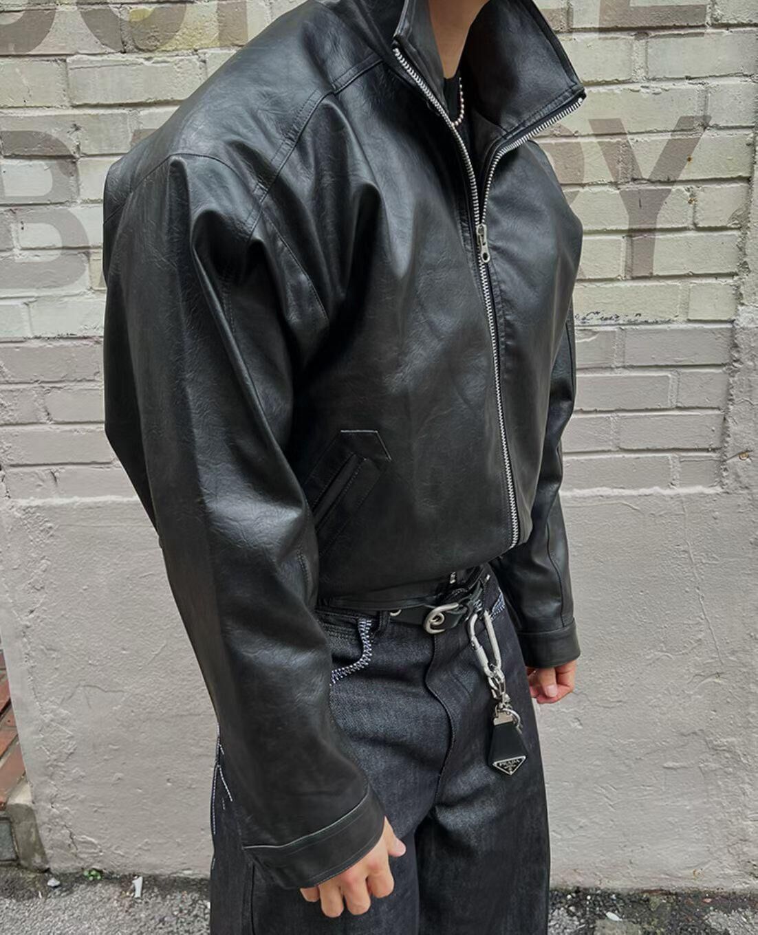 反領拉鍊合成皮褸 JK2665