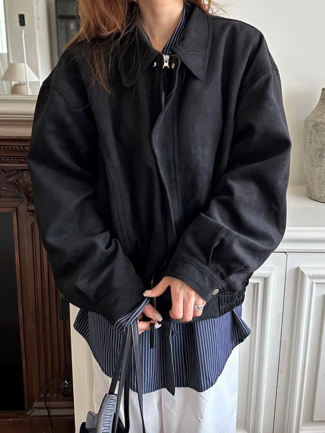 淨色反領拉鍊猄面褸 JK2664