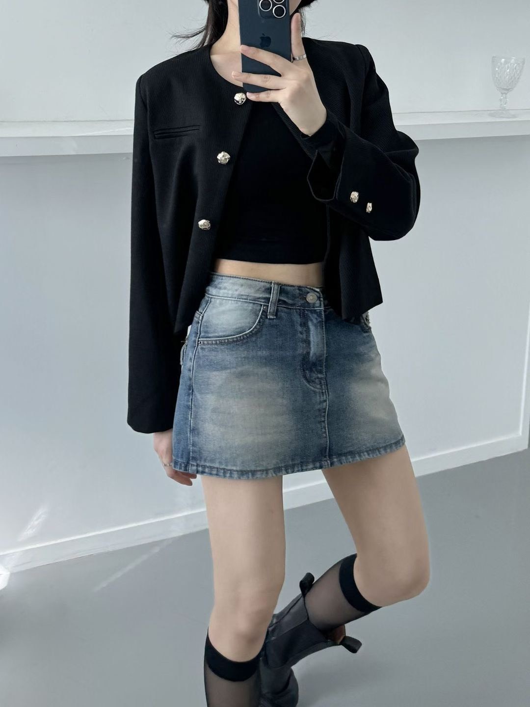 850刷白牛仔短褲裙