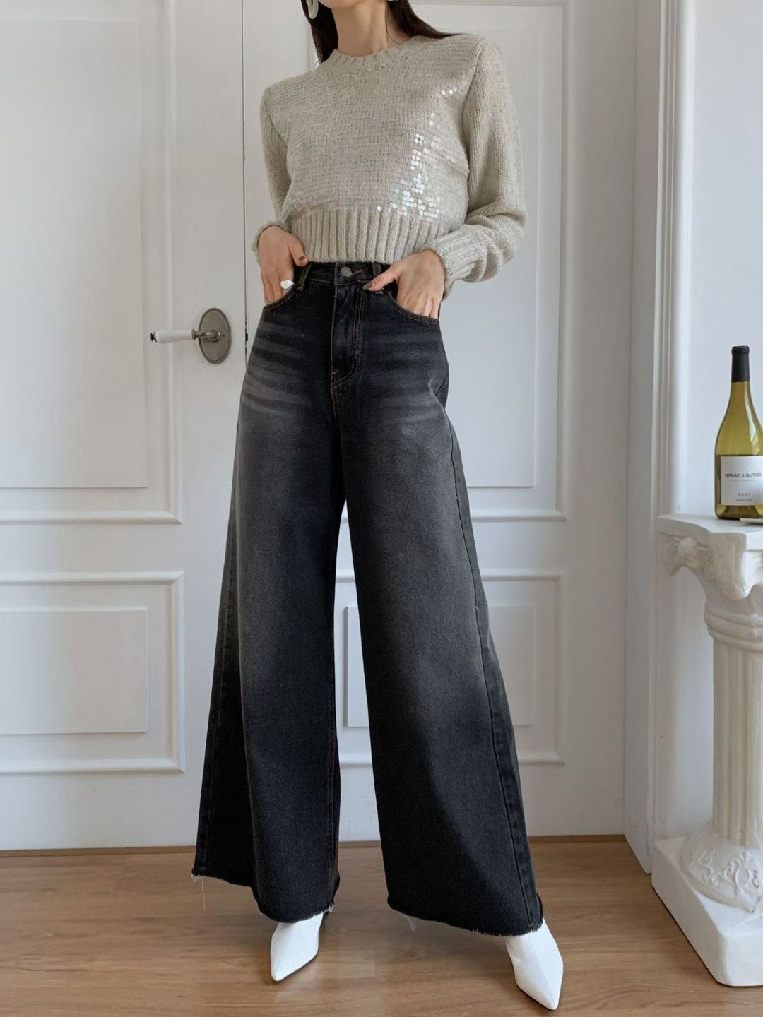 8027內加絨寬褲管牛仔長褲