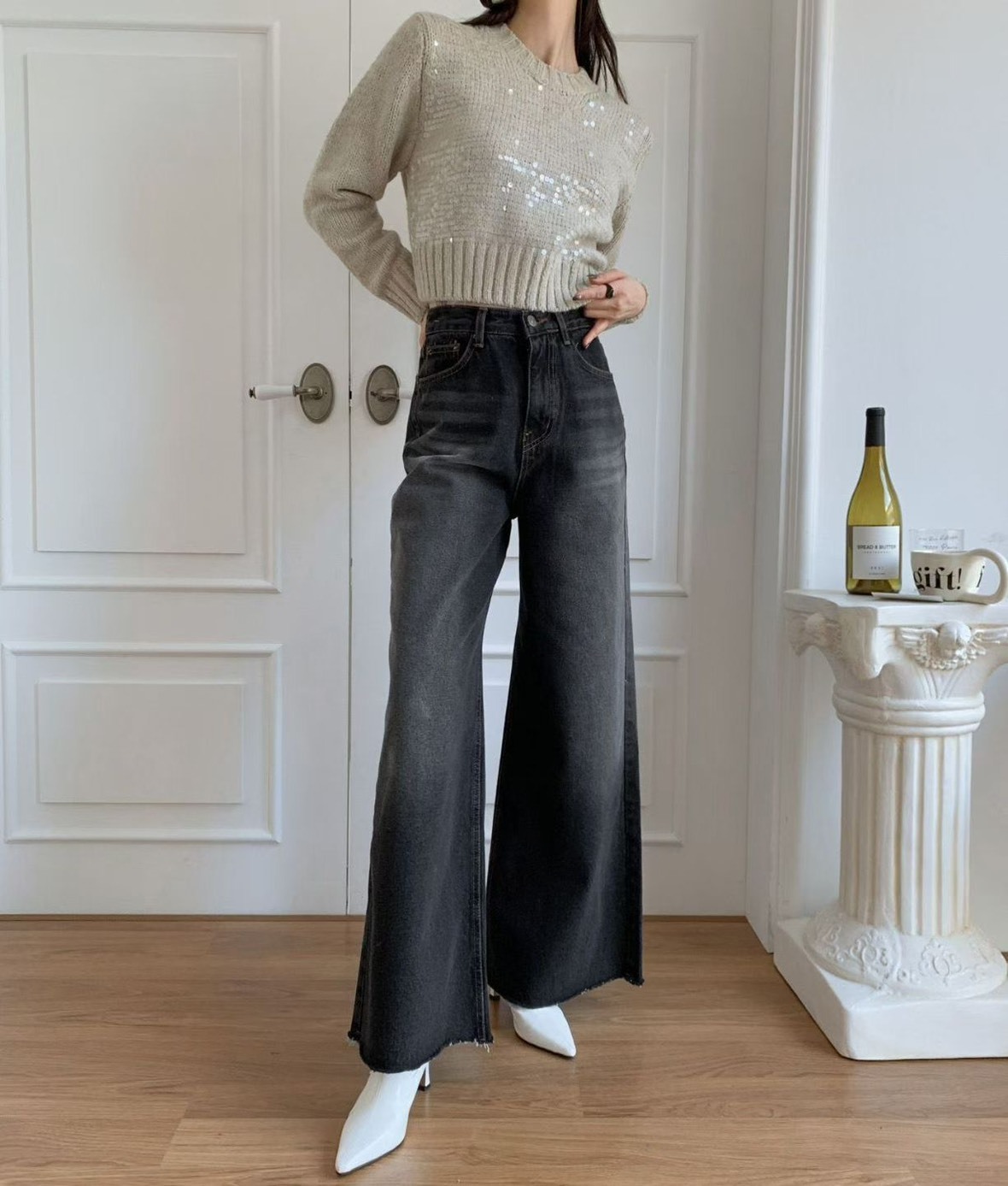 8027內加絨寬褲管牛仔長褲