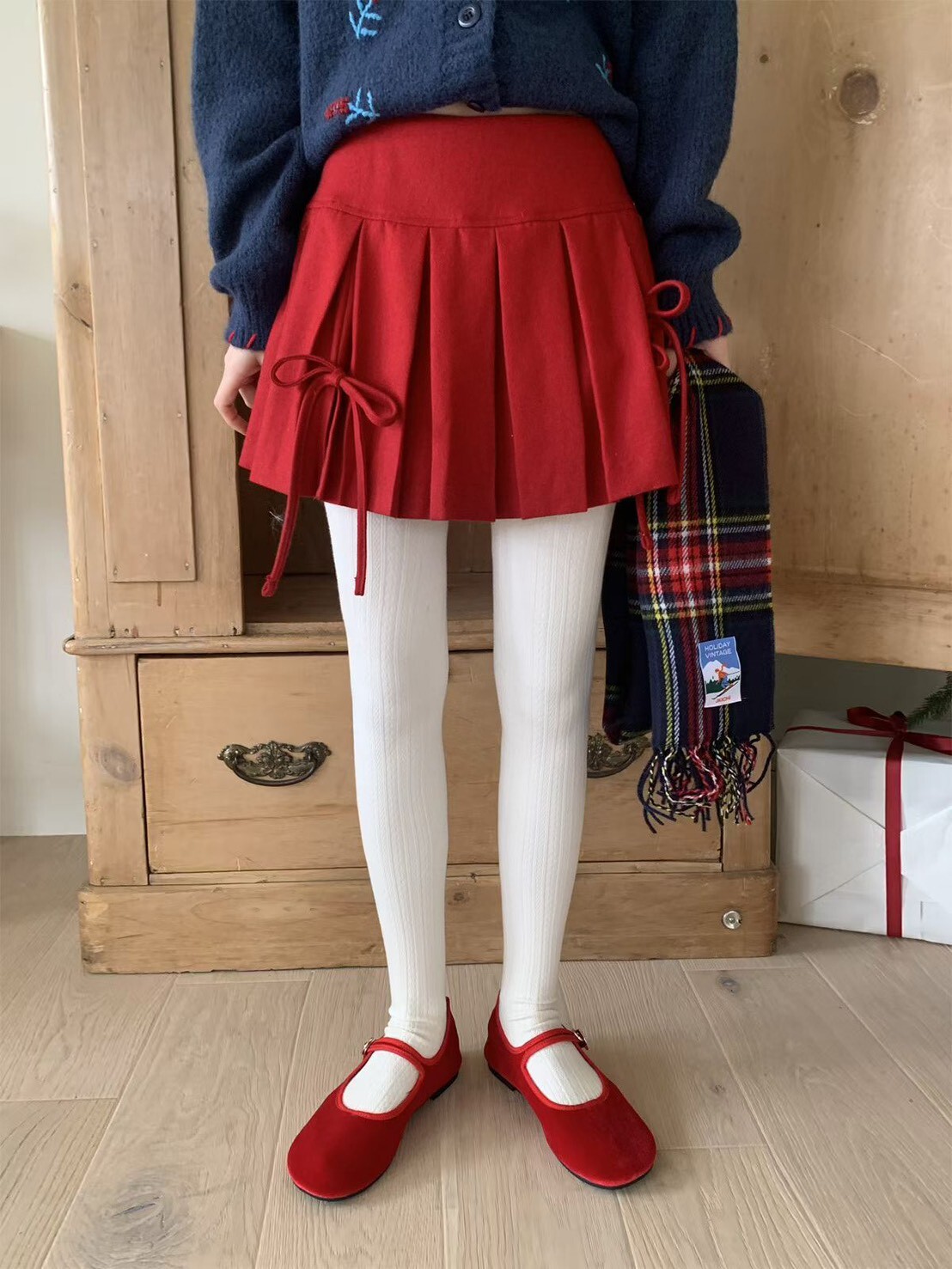 綁蝴蝶結羊毛百褶裙