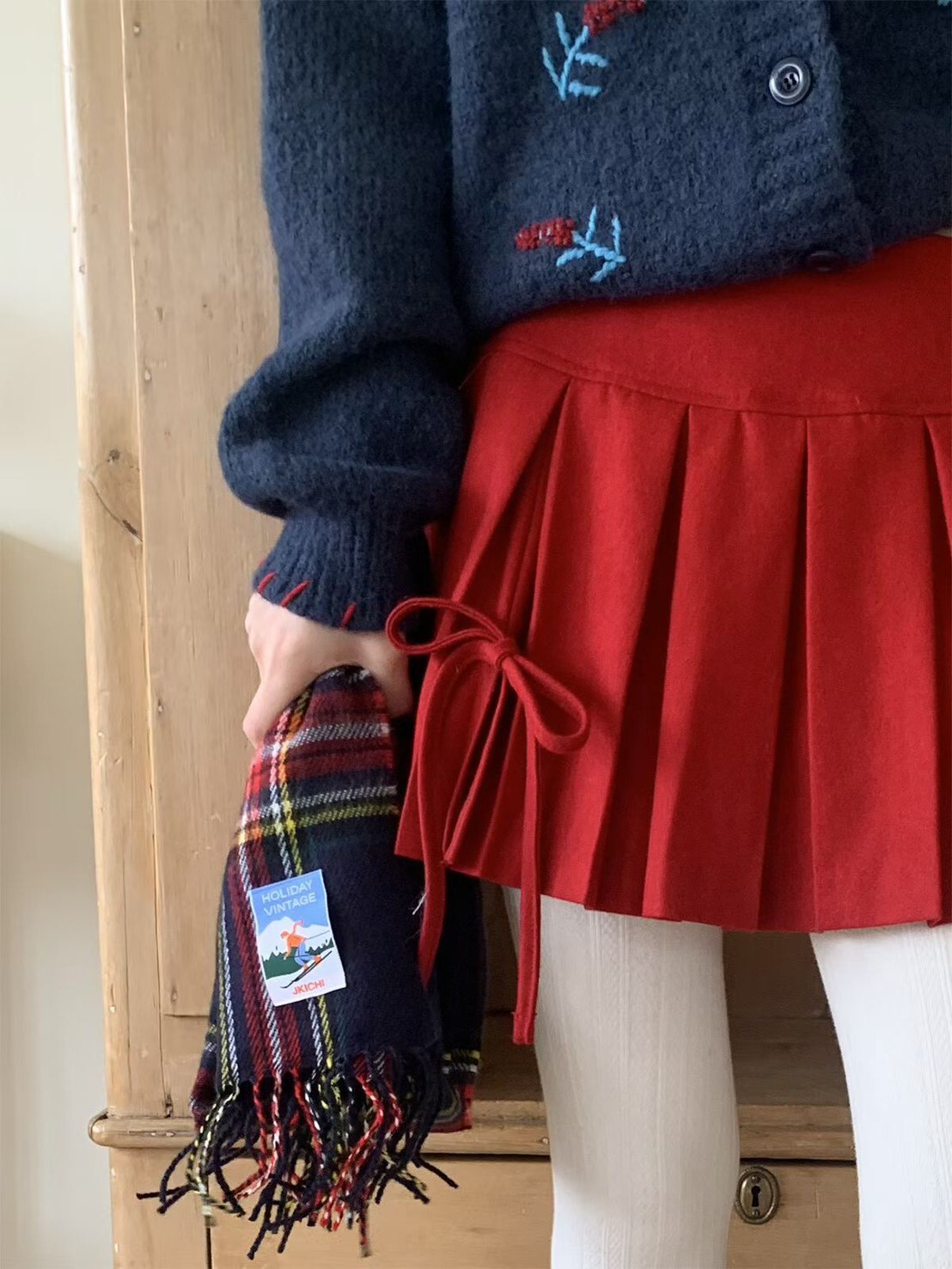 綁蝴蝶結羊毛百褶裙