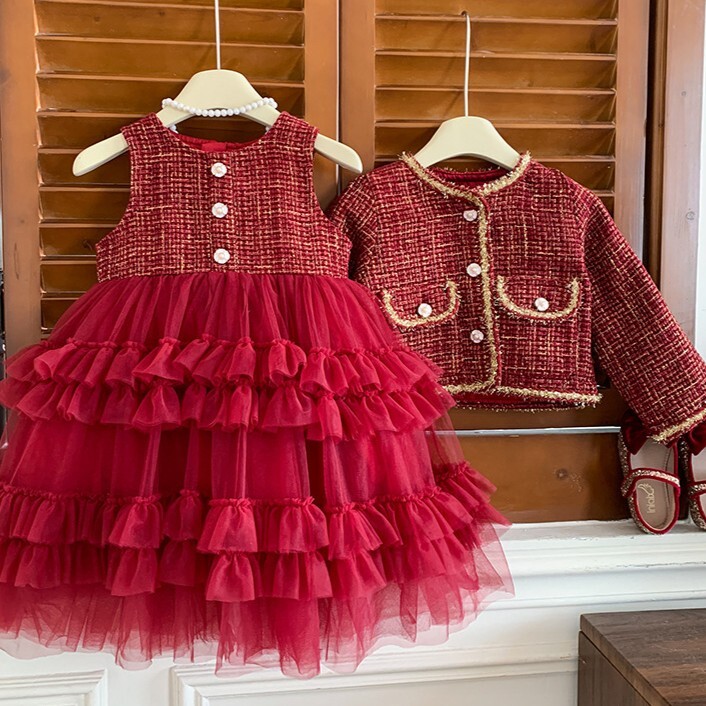 小香風山茶花扣外套+無袖蛋糕紗裙洋裝 紅色 100-140cm #yf88