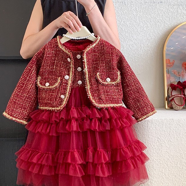 小香風山茶花扣外套+無袖蛋糕紗裙洋裝 紅色 100-140cm #yf88
