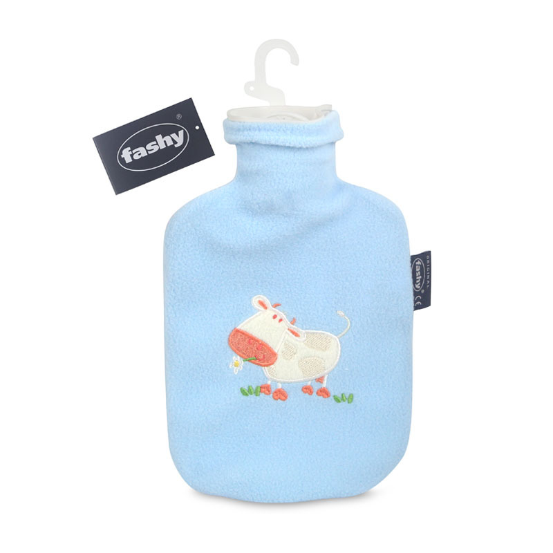 德國Fashy 0.8L暖水袋-抓毛套-淺籃"乳牛"