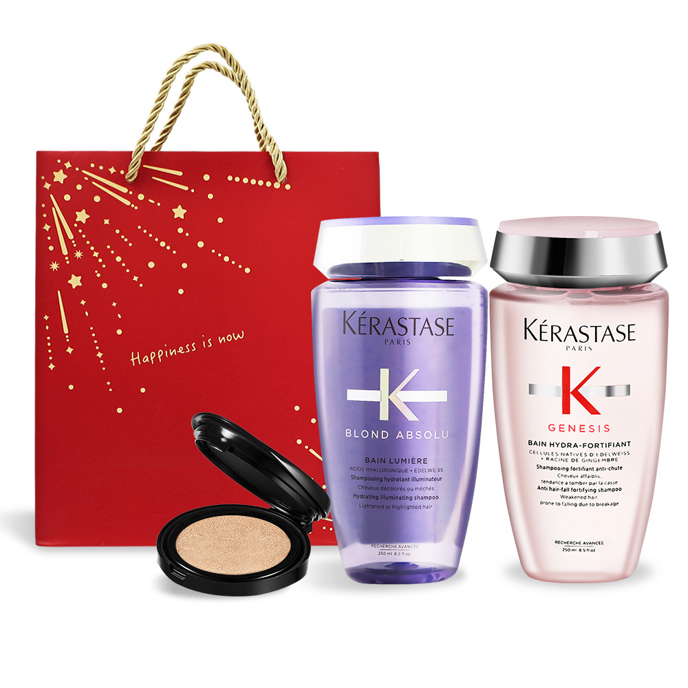 KERASTASE 卡詩 聖誕限量髮浴組[燦金絕色(250ml)+粉漾芯生(250ml)]-國際航空版附精品禮袋加贈 CNP 蜂膠能量霧感氣墊粉餅