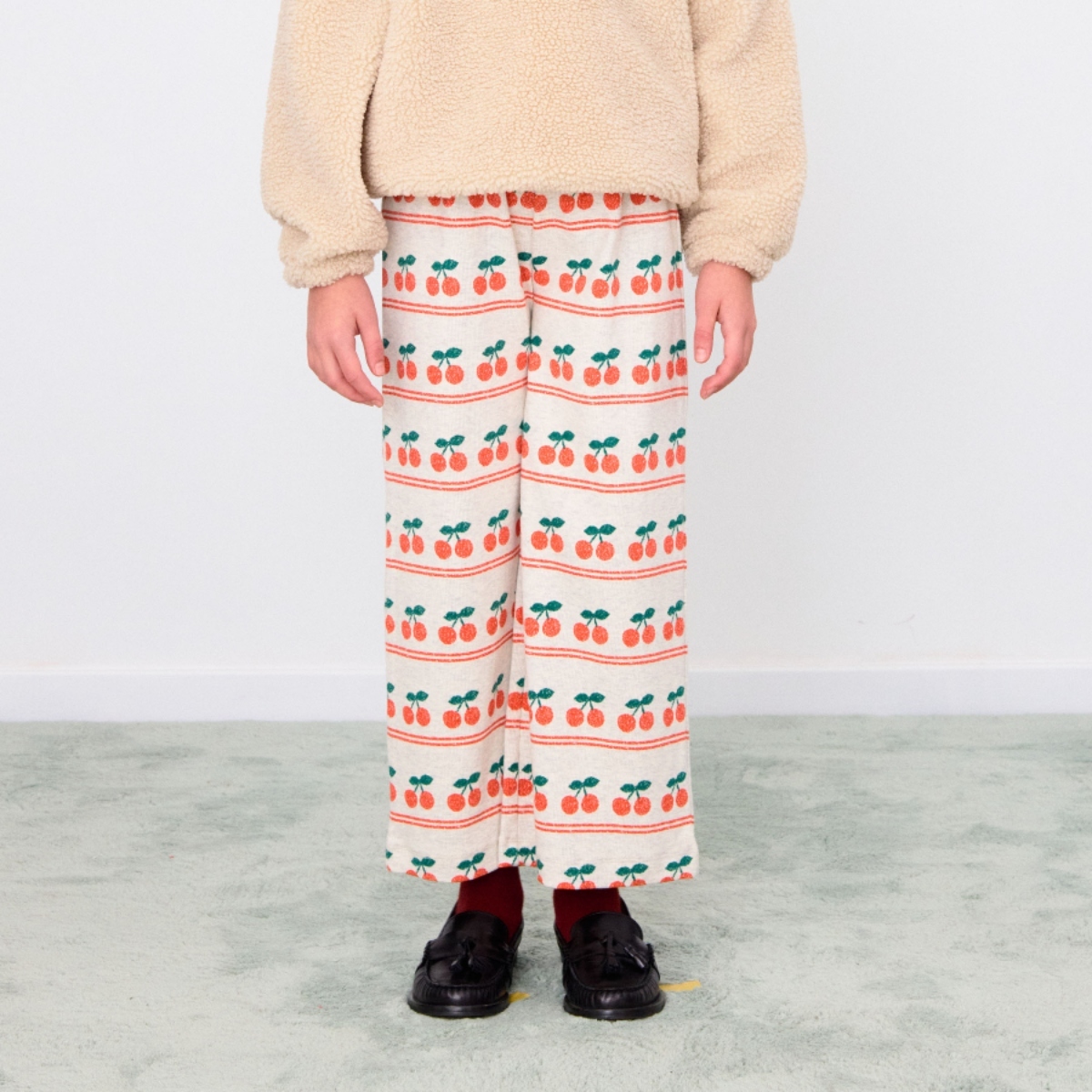 TINYCOTTONS 櫻桃條紋長褲 CHERRY PATTERN RIB PANT - light cream heather