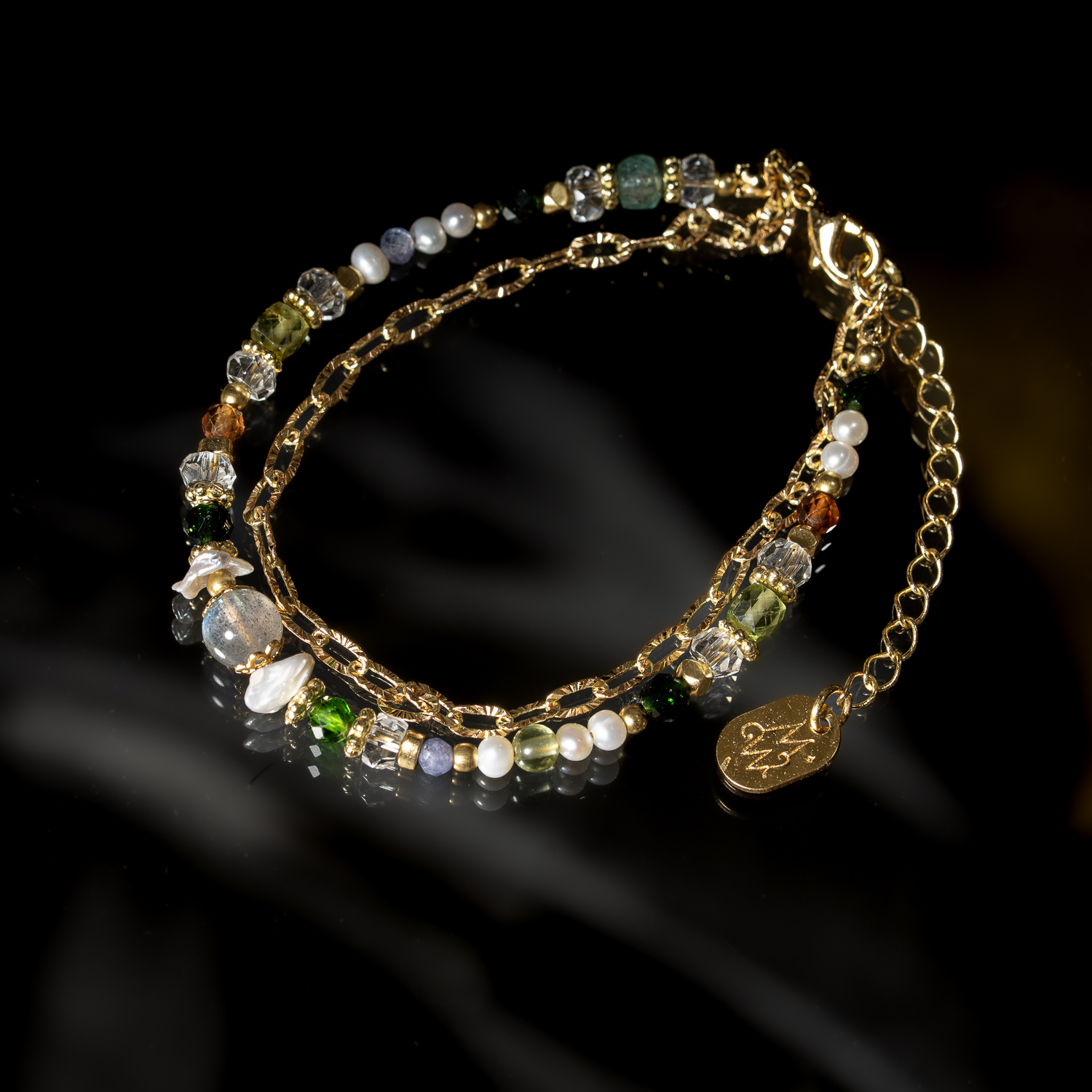 柔光之眠｜拉長石珍珠橄欖石鏈條手鍊 B0029