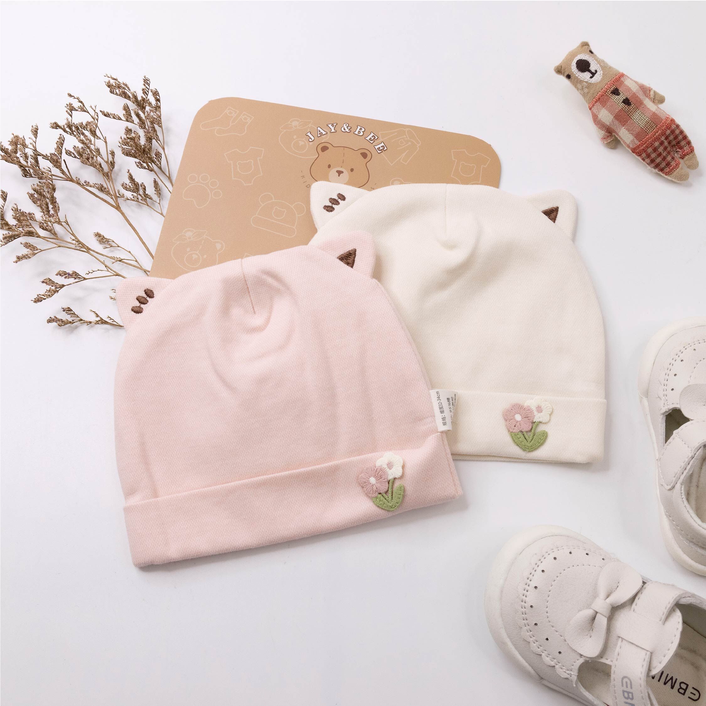 【JA1550】花花貓耳雙層寶寶帽＊二色