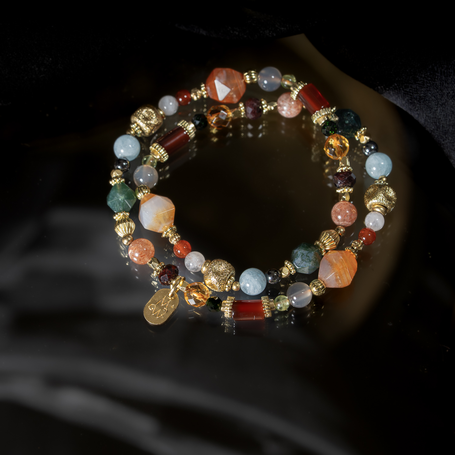 島嶼敘事｜紅玉髓海藻玉太陽石雙圈手鍊 C1752