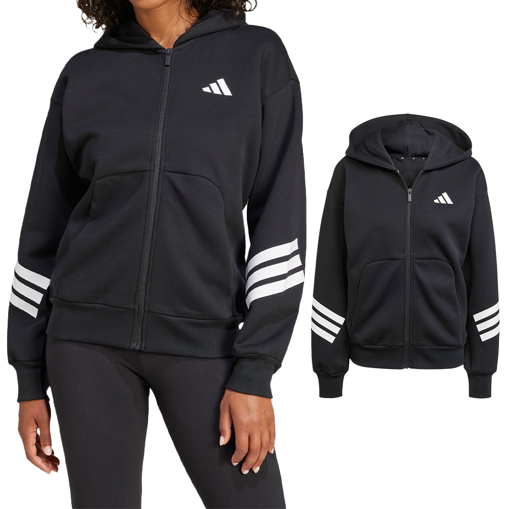 Adidas W FI 3S FZ HD 女款 黑色 連帽 拉鍊 夾克 運動 休閒 外套 JE0171