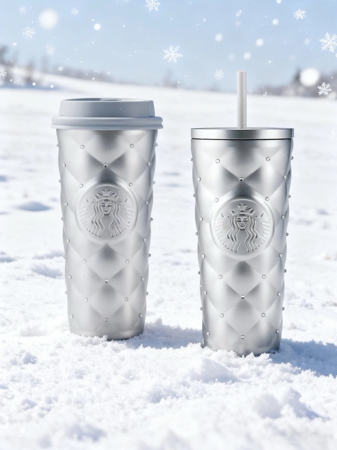 國外限定發售 STARBUCKS 星巴克 冬日菱格紋鑲鑽 雙杯蓋保溫杯 禮盒