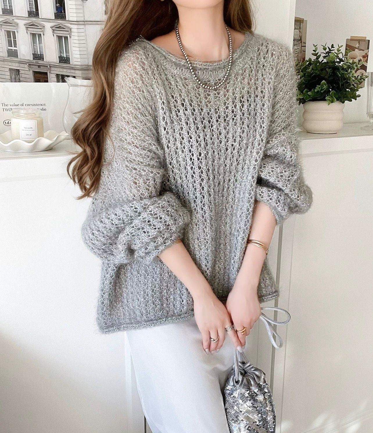 【預購】JN111303 classicalelf 閃亮金銀絲寬鬆針織上衣